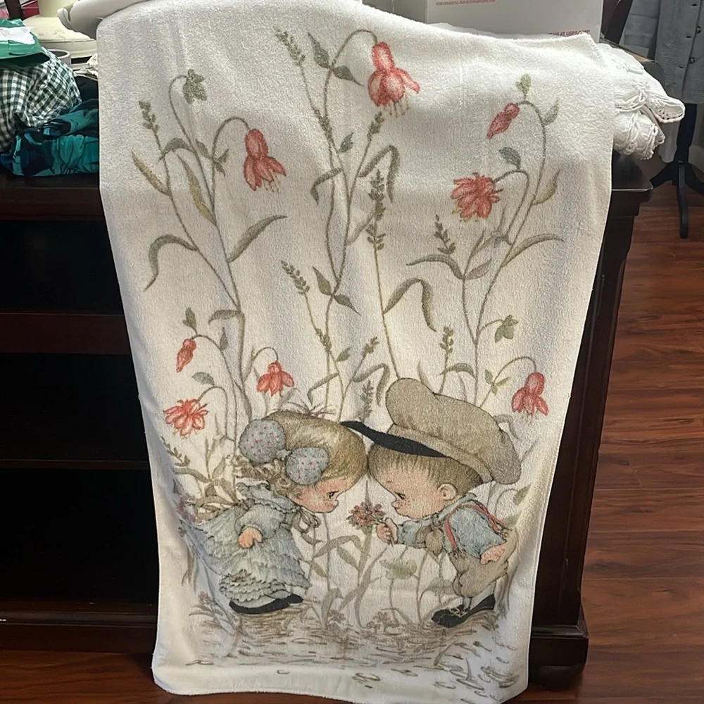 vintage kel tex bath towel 100% cotton blue holly hobbie flowers